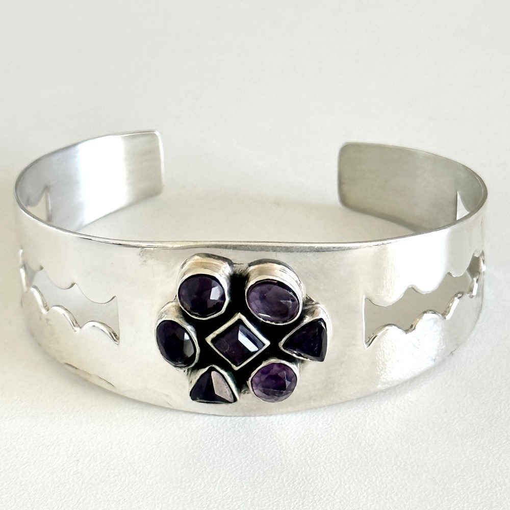 Jay King Vintage 925 Sterling Silver Amethyst Cut Out Chunky Cuff Bracelet 7"
